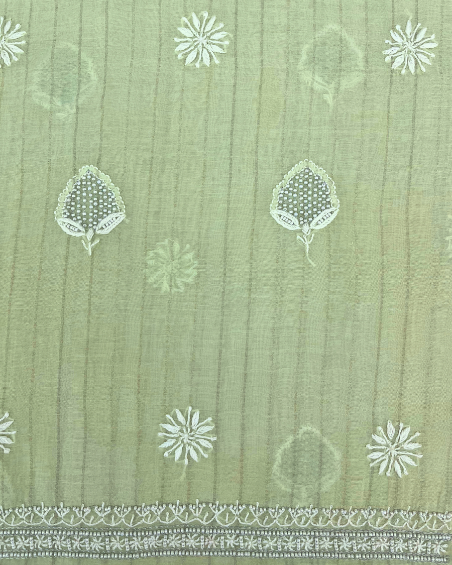 Mul Chanderi Chikankari Unstitched Mens Kurta - Mint Green