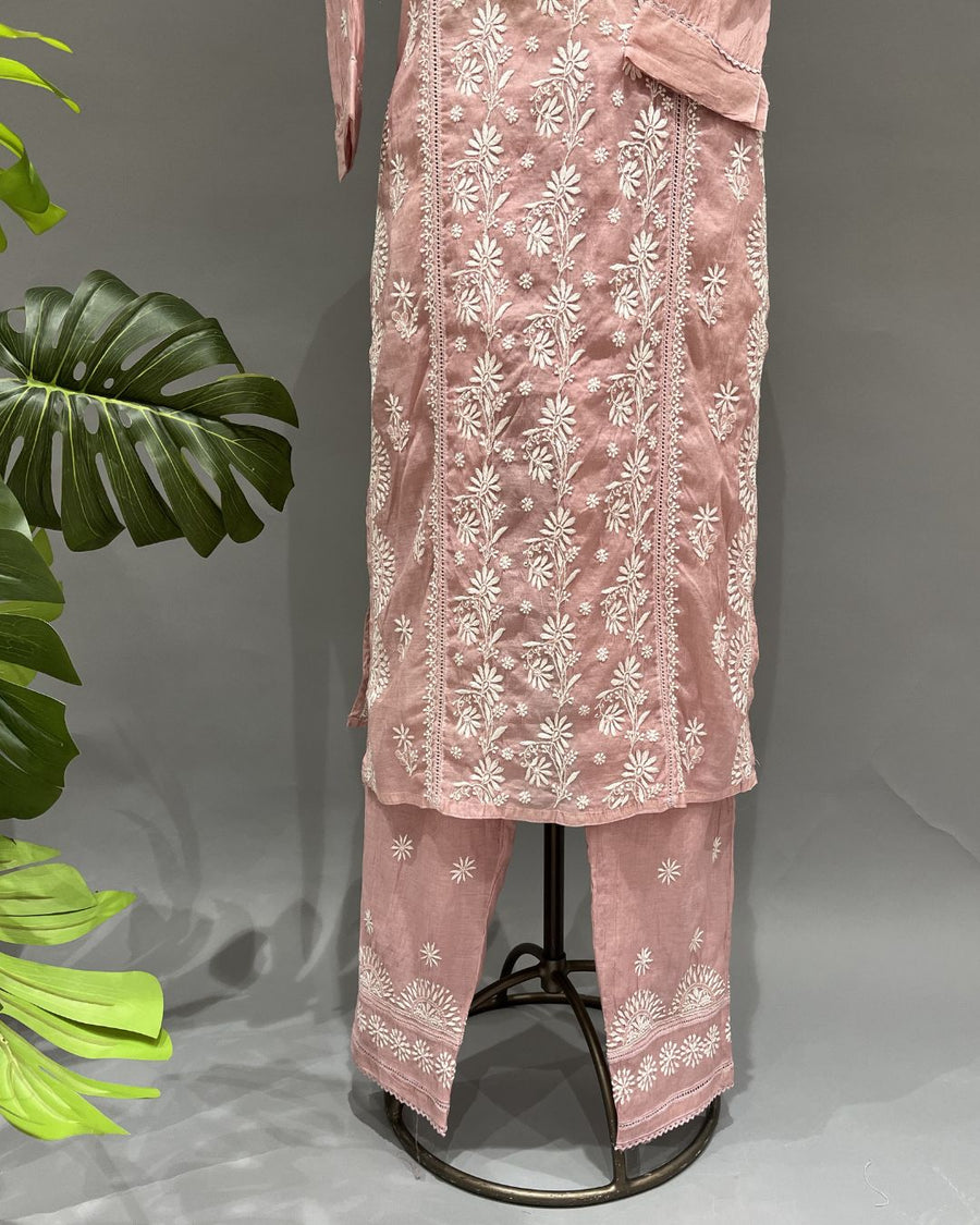 Chanderi Chikankari Co-ord Set - Rose Pink