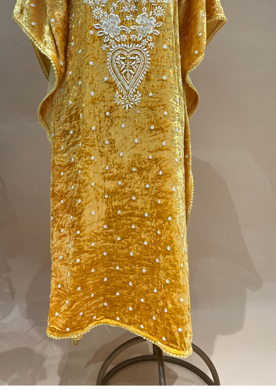 Velvet Chikankari Unstitched Kaftan - Sunshine Yellow