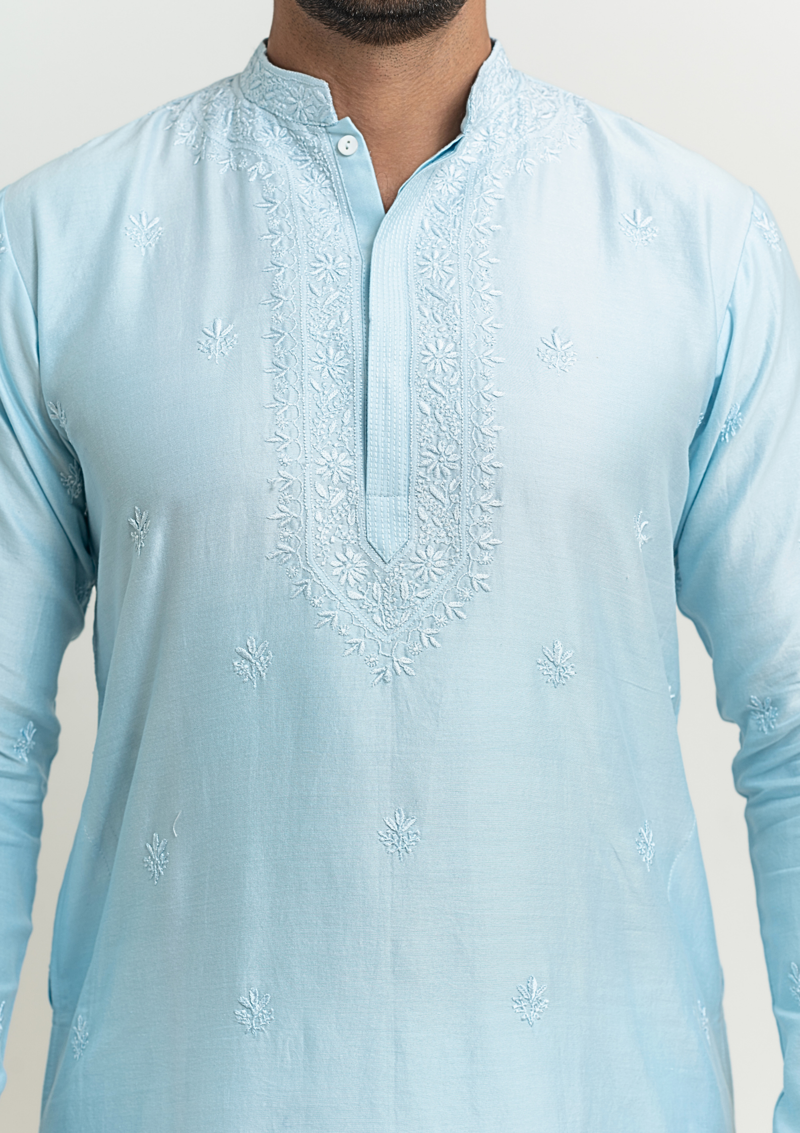 Chanderi Chikankari Men's Kurta - Serene Blue