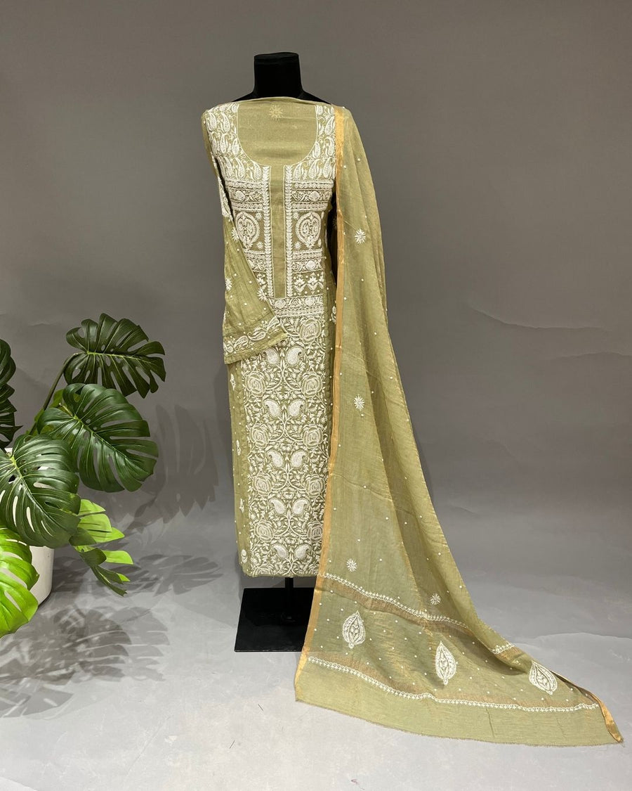 Tissue Chikankari Unstitched 2pc Suit - Olive Green