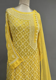 Modal Chikankari Stitch 3pc Suit - Laser Lemon
