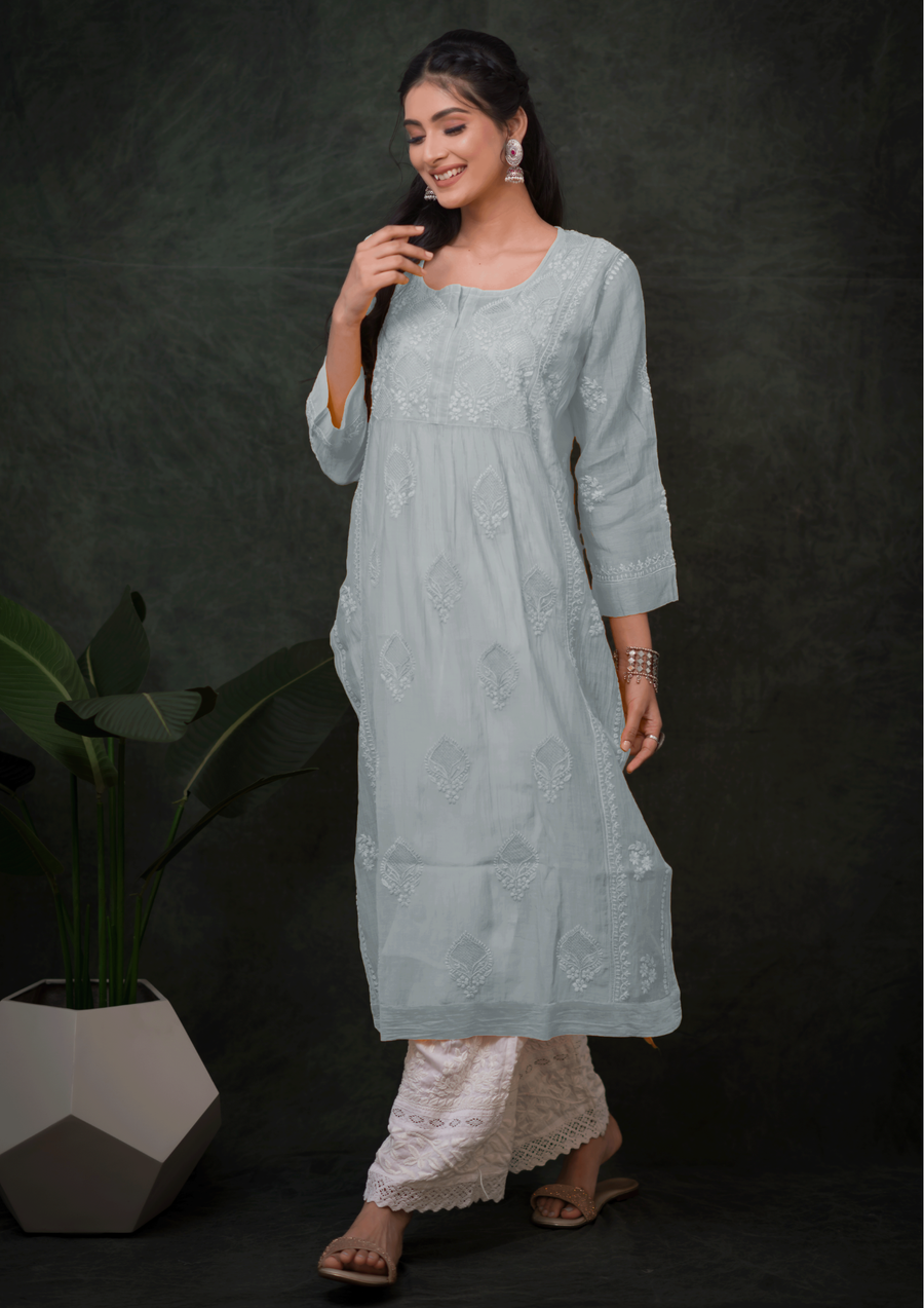 Mul Chikankari Long Kurti - Silver Grey