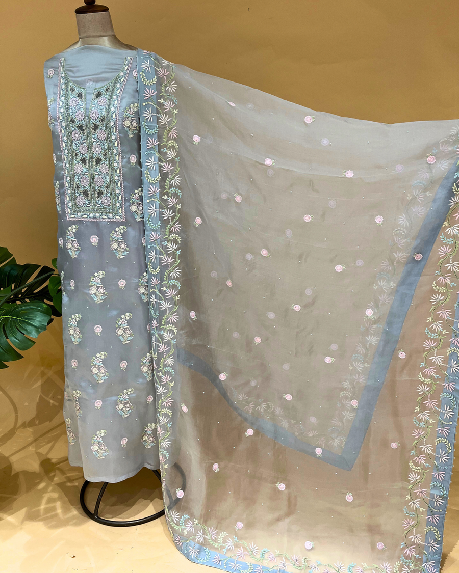 Organza Chikankari Unstitsched Kurta And Dupatta Set- Frost Blue