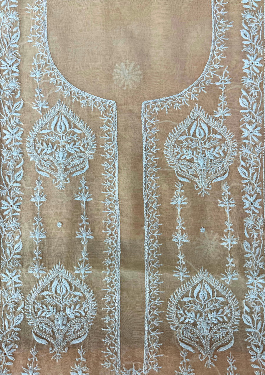 Chikankari Mul Chanderi Unstitched 2Pc Suit - Peach
