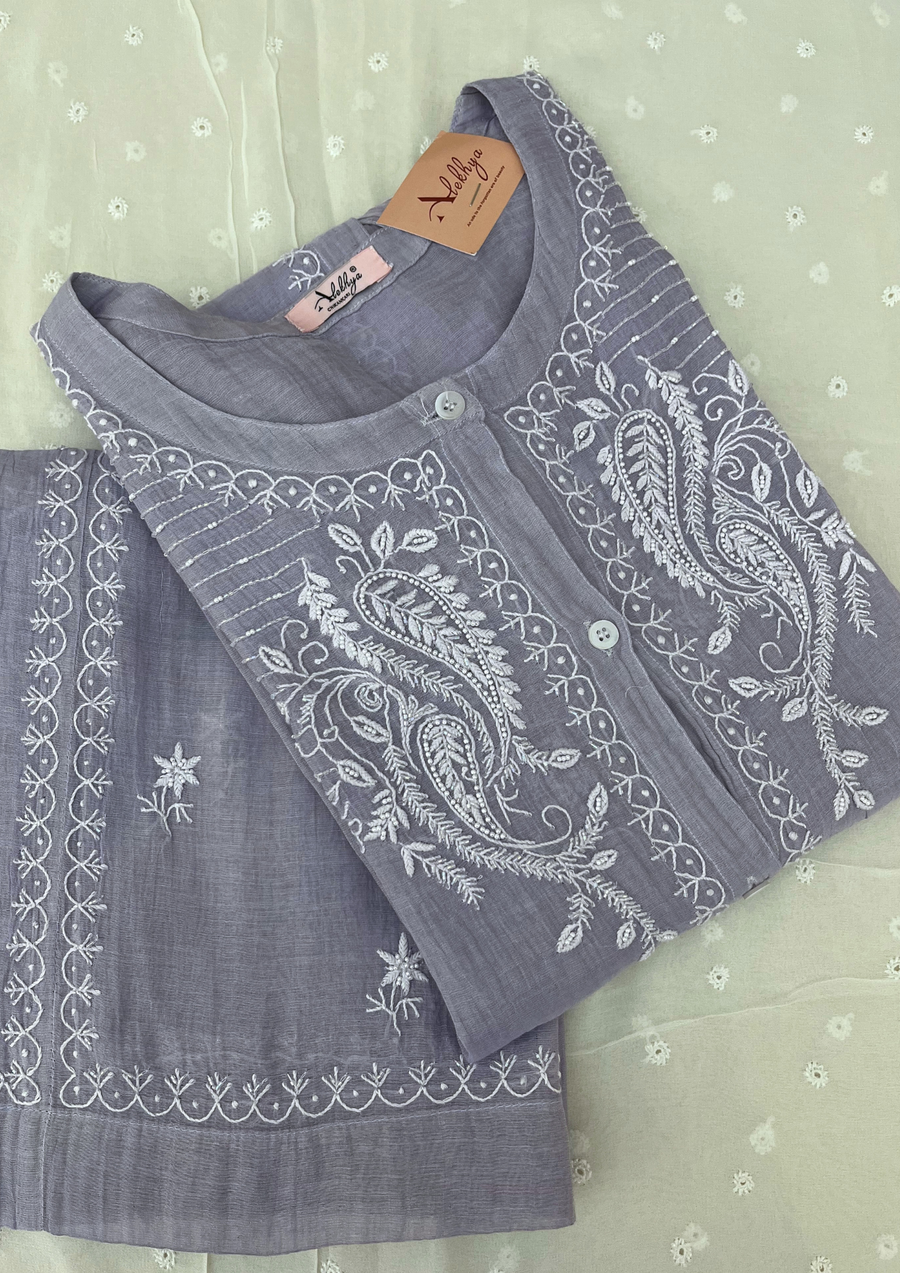 Chikankari Semistitched Tissue Co-ord Set - Silver Grey