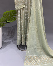 Banarsi Chanderi Chikankari Semistitch 2pc Suit - Sage Green