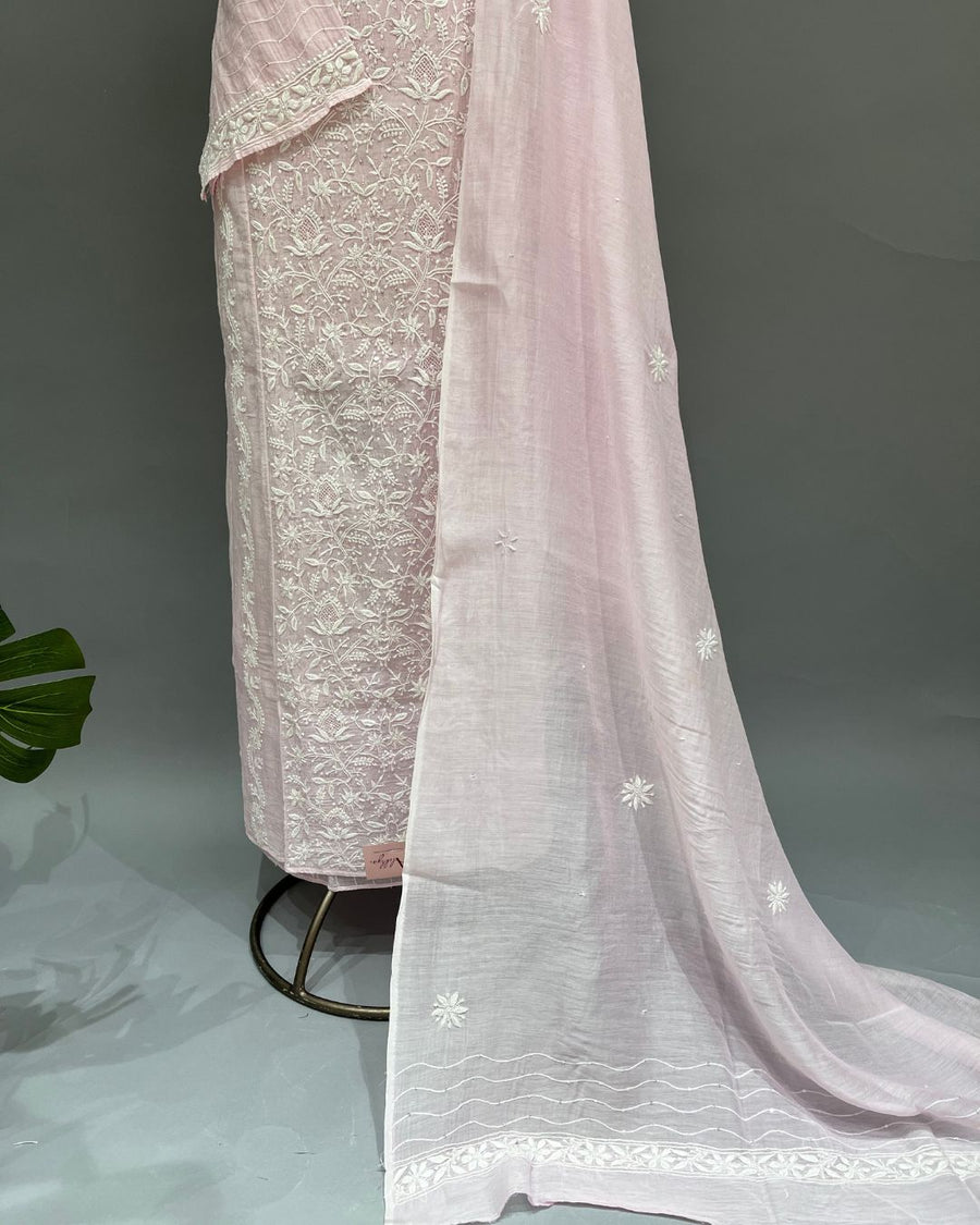 Mul Chanderi Chikankari Unstitched 2pc Suit - Blush Pink