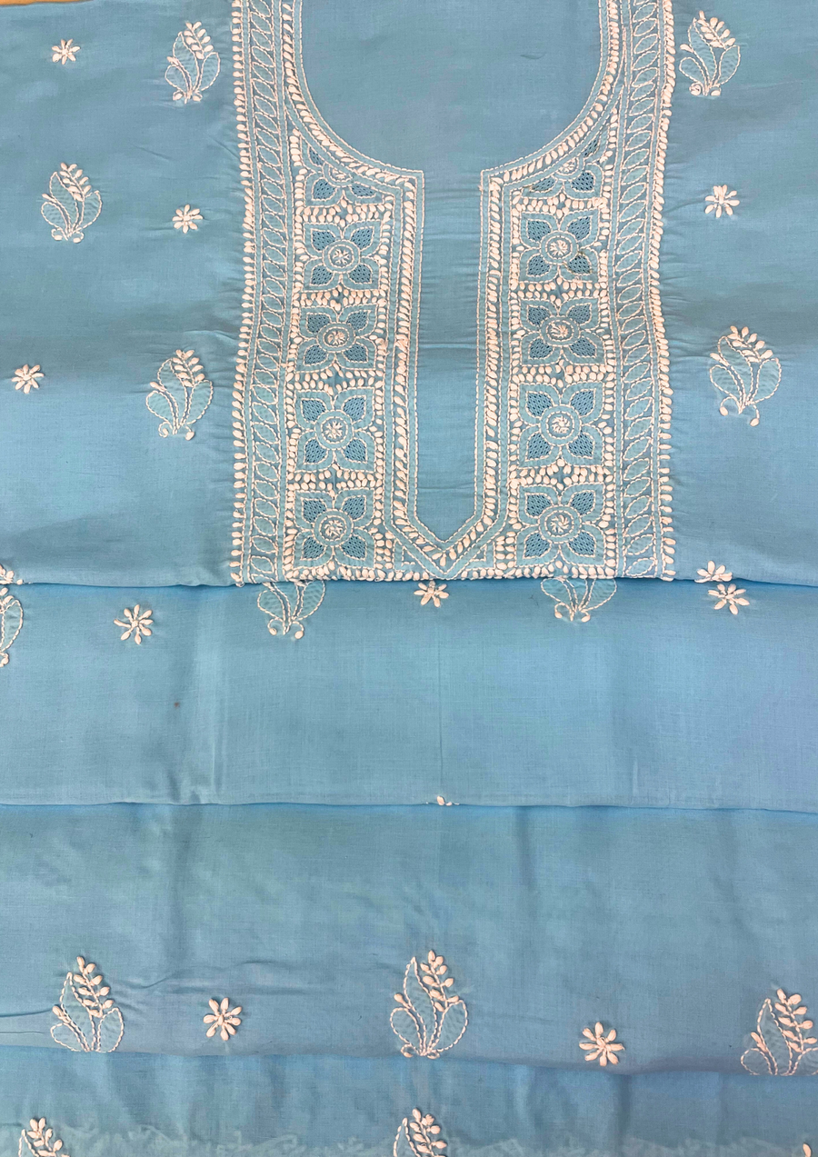 Cotton Unstitched Chikankari Suit - Aqua Blue