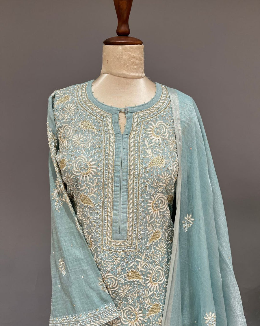 Tissue Chikankari 3pc Stitched Suit - Bermuda Blue