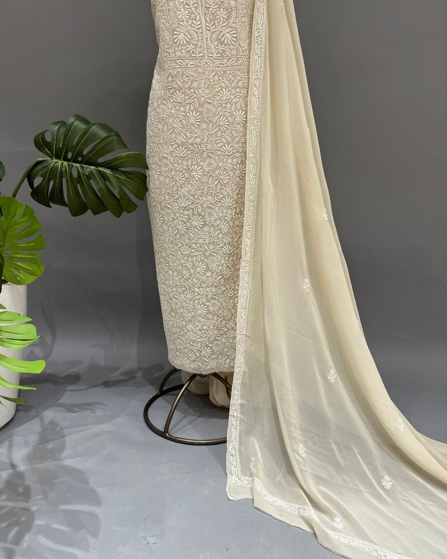 Pure Georgette Chikankari Unstitched 2pc Suit - Soft Beige