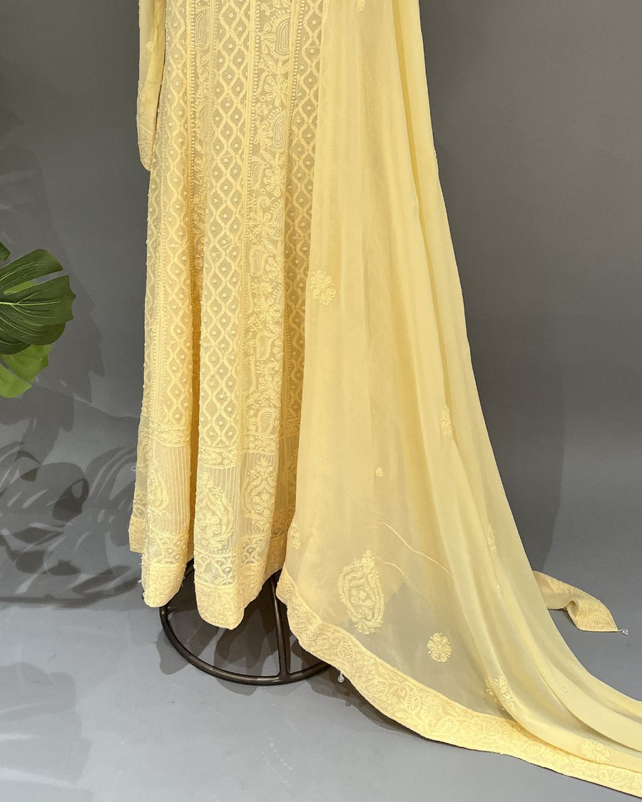 Vescose Georgette Chikankari stitch Anarkali - Dandellion Yellow