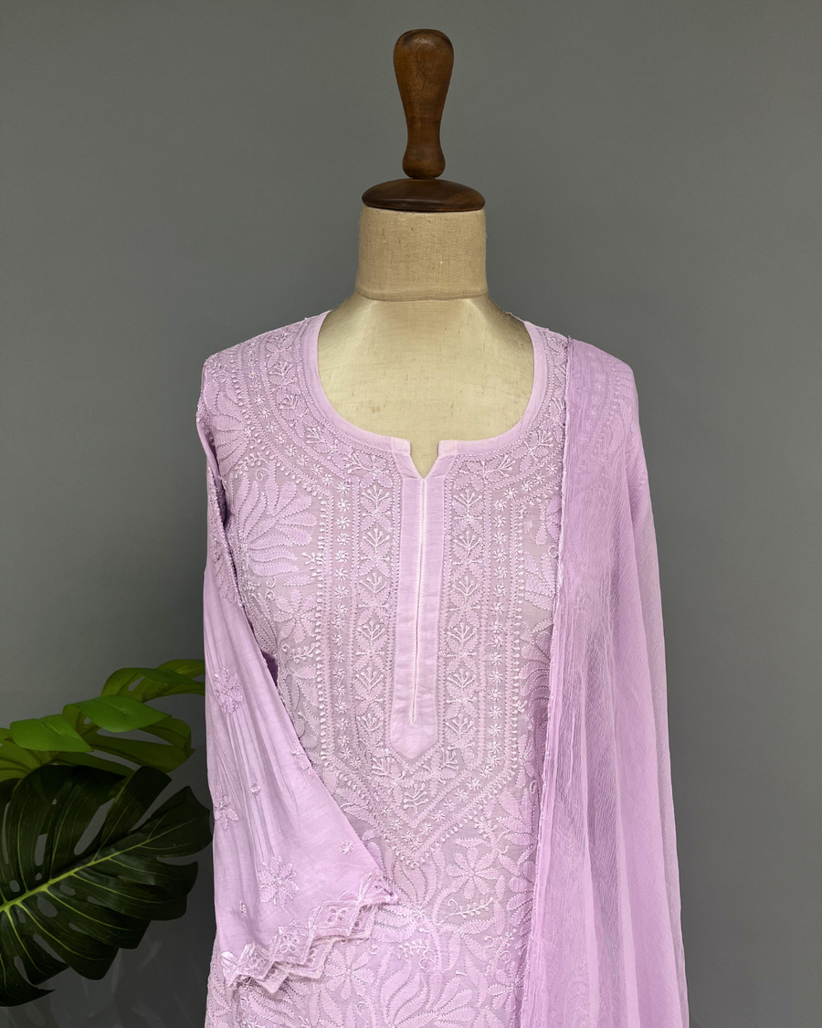 Muslin Chikankari Suit Set - Lavender