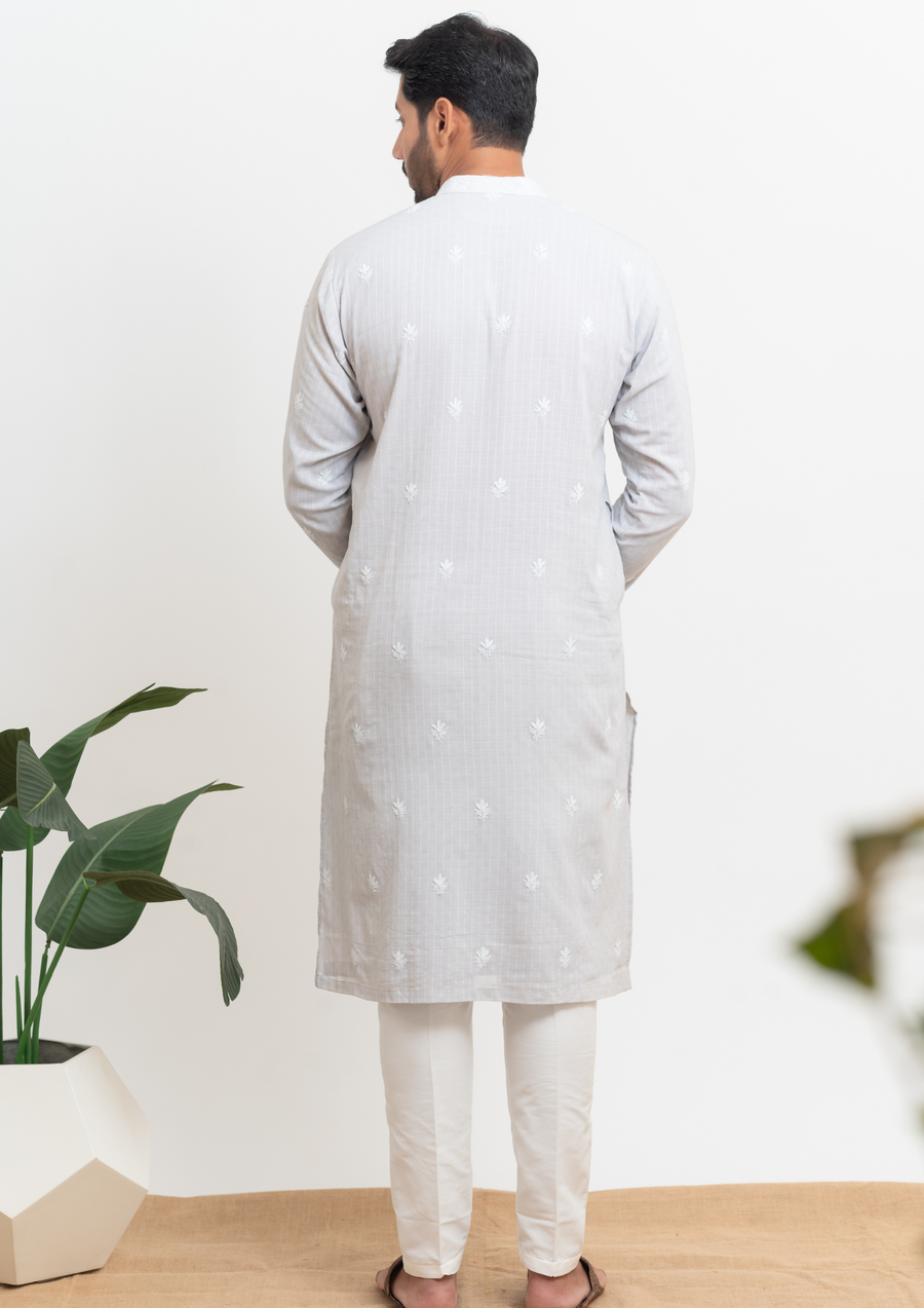 Cotton Chikankari Men's Kurta - Grey