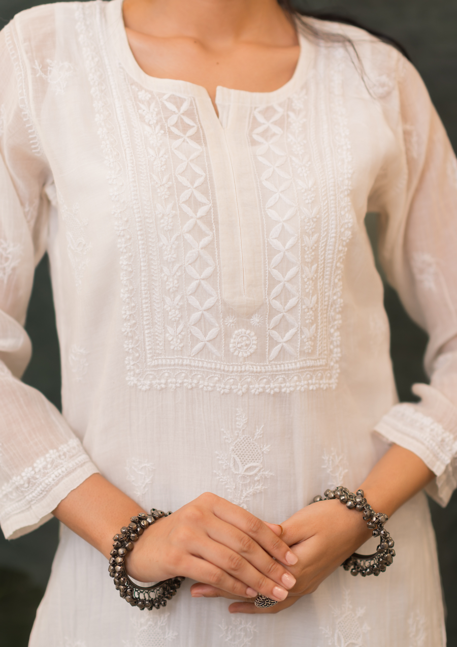 Mul Chanderi Chikankari Long Kurta - Ivory white