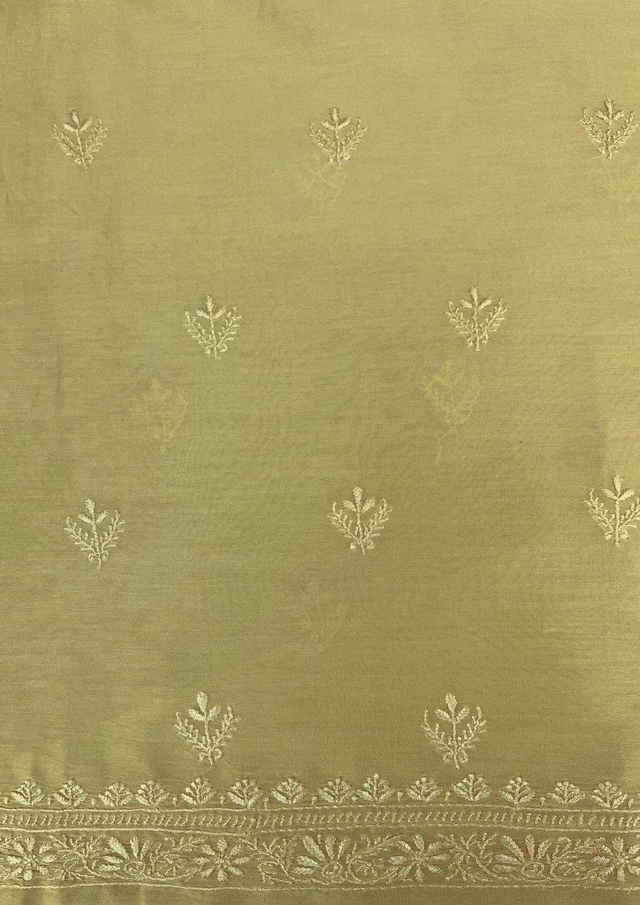 Chanderi Chikankari Unstitched Mens Kurta - Lime Yellow