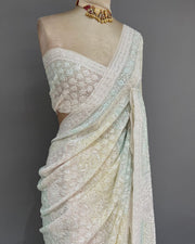 Pure Georgette Chikankari Saree - Ivory & Multicolour