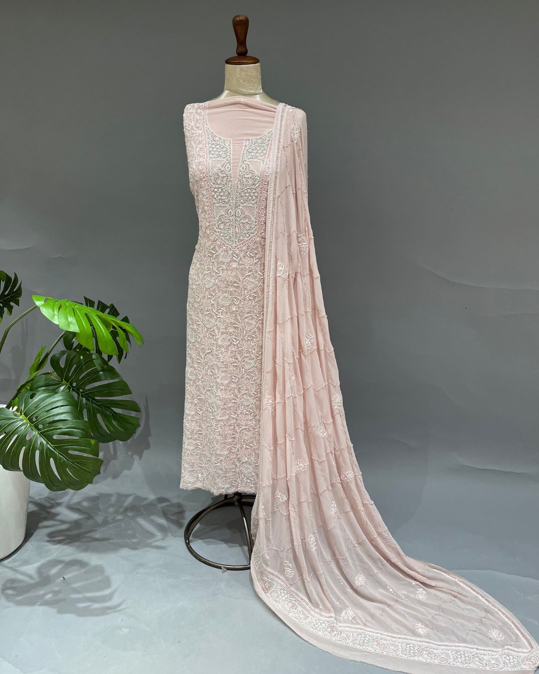 Pure Georgette Chikankari Unstitched 2pc Suit - Nude Pink