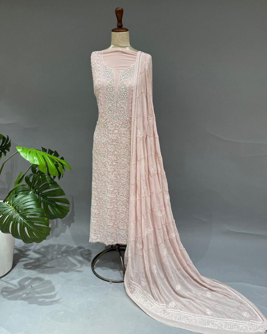 Pure Georgette Chikankari Unstitched 2pc Suit - Nude Pink