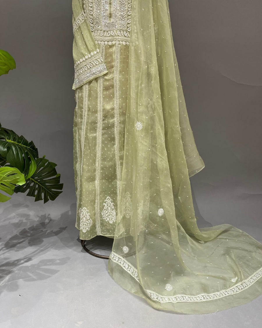 Organza Chikankari Unstitch 2pc Anarkari - Sage Green Ombre