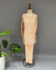 Maheshwari Chanderi Chikankari Co ord set - Dusty Peach