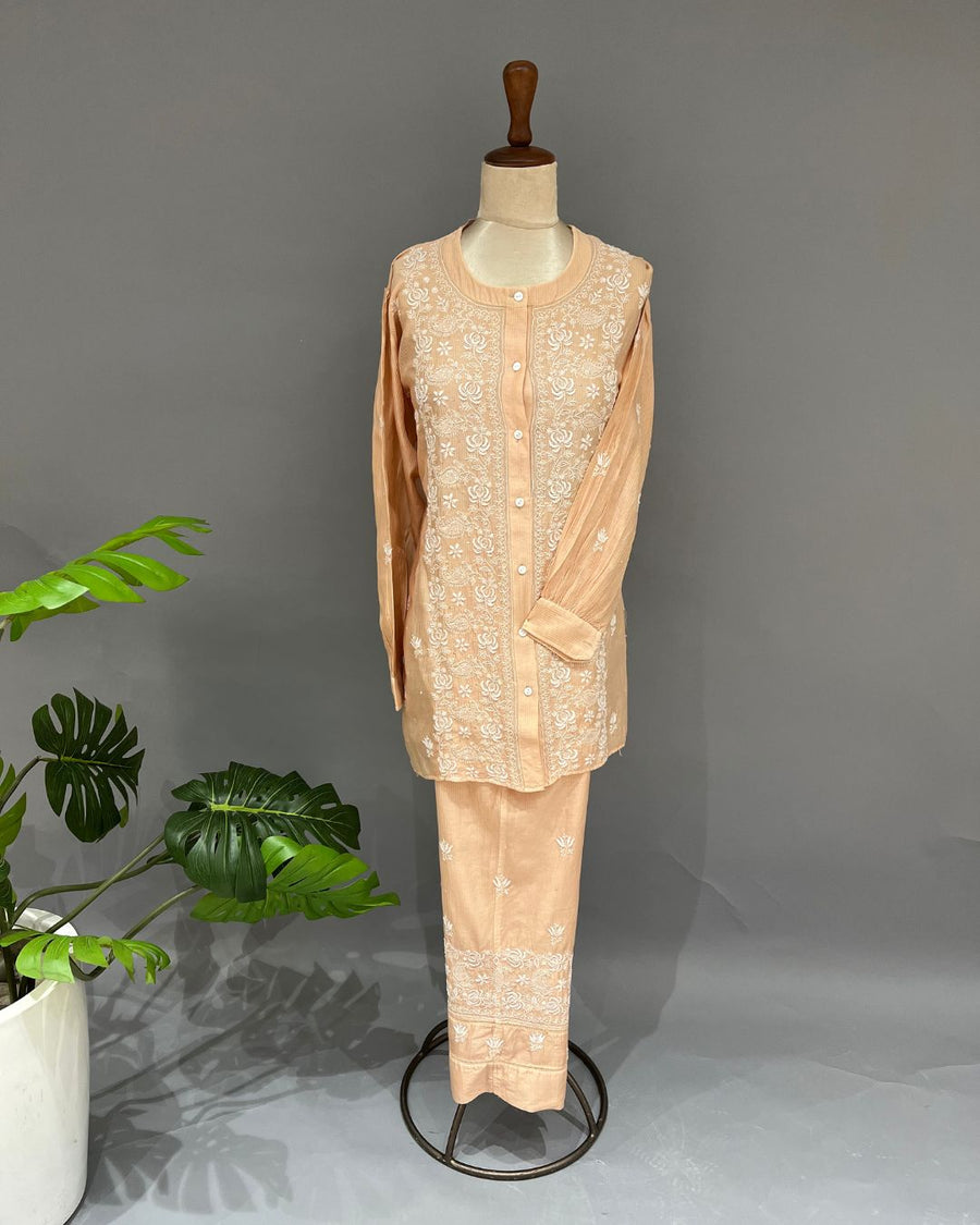 Maheshwari Chanderi Chikankari Co ord set - Dusty Peach