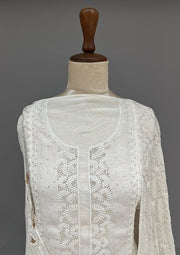 Mul Chanderi Muqaish Chikankari Unstitch 2pc Suit - White