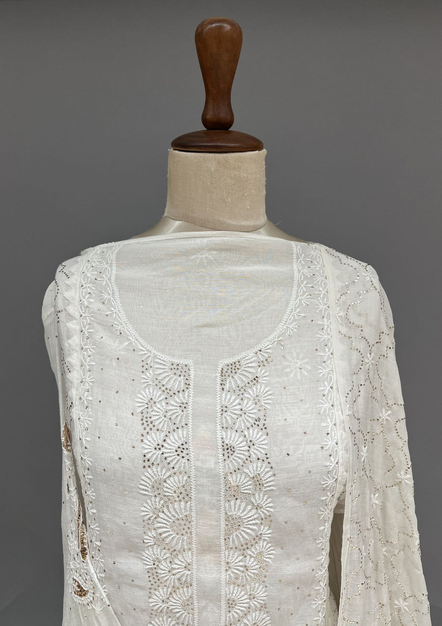 Mul Chanderi Muqaish Chikankari Unstitch 2pc Suit - White