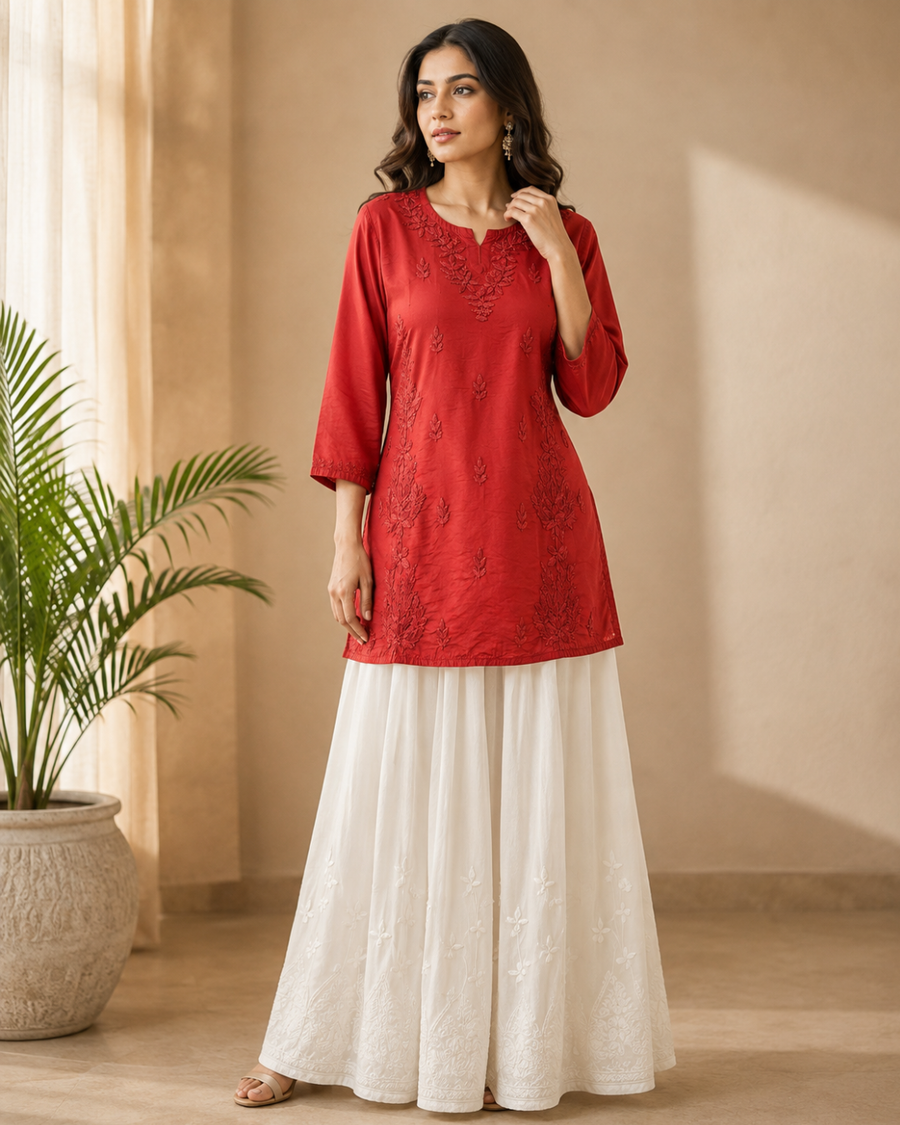 Chanderi Chikankari Short Kurti - Rustic Red