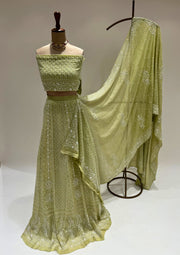 Pure Georgette Chikankari Unstitched Lehenga - Sage Green