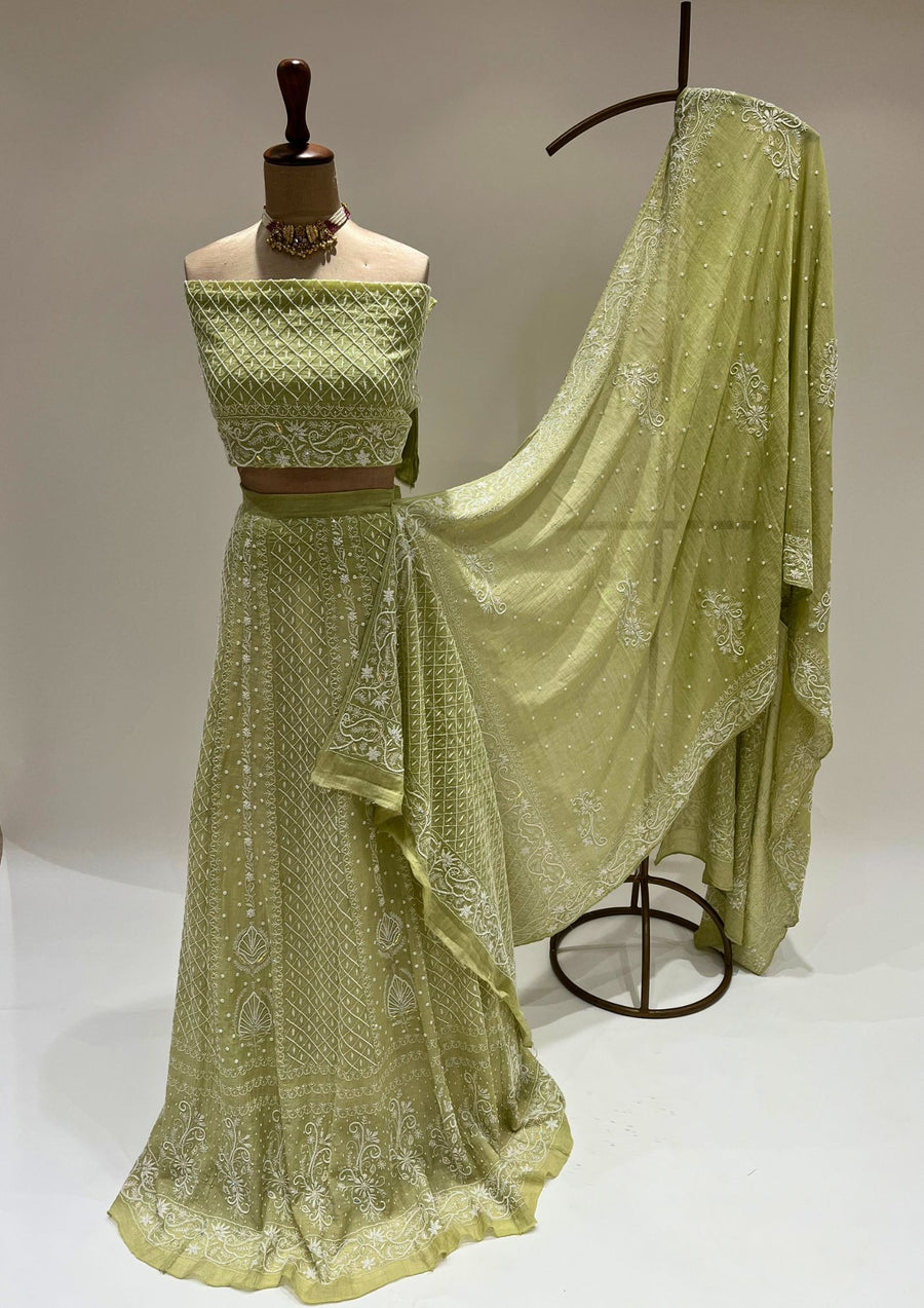 Pure Georgette Chikankari Unstitched Lehenga - Sage Green