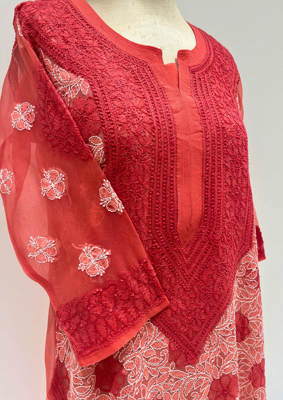 Georgette Chikankari Long Kurti - Peach and Red