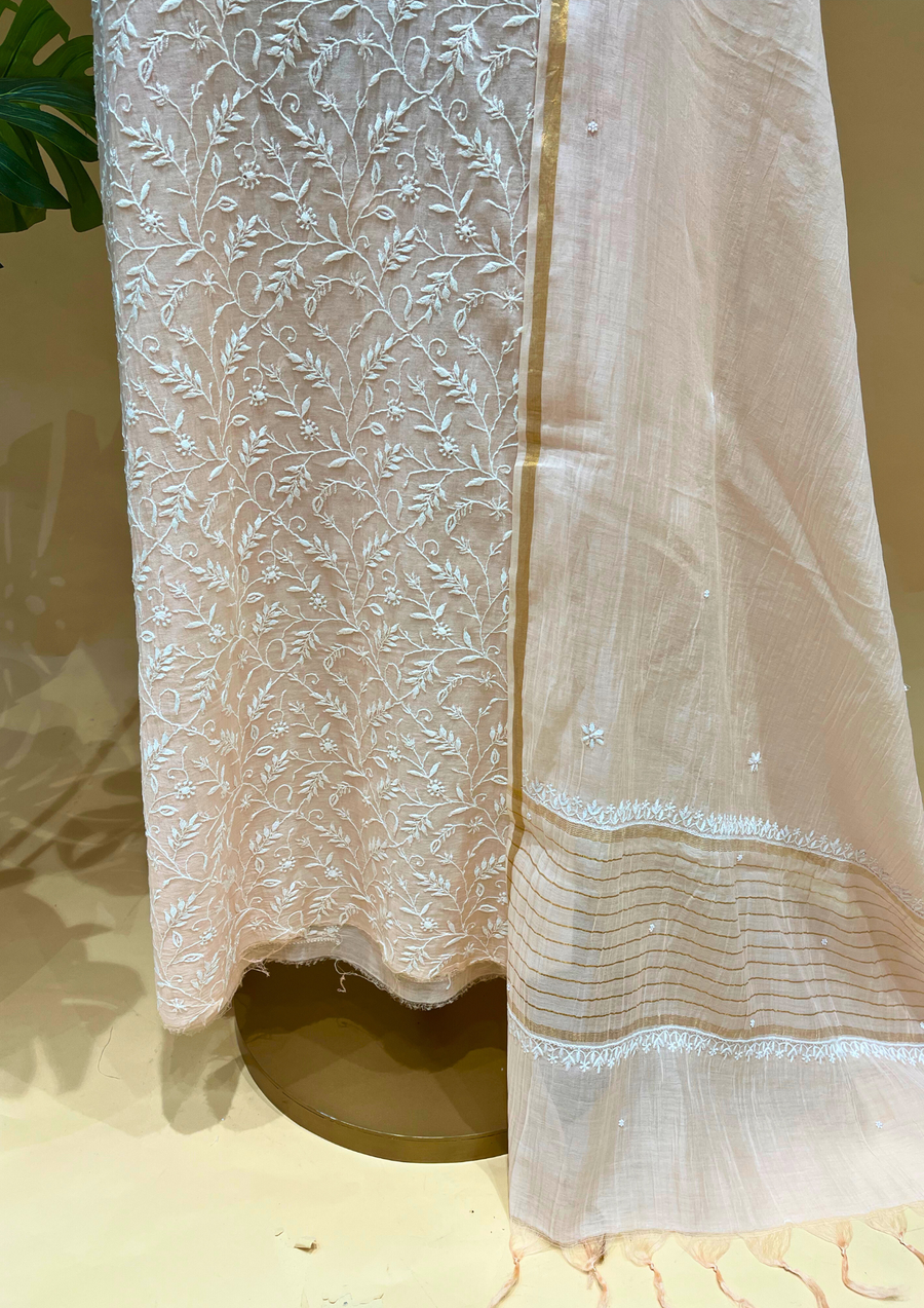 Chikankari Mul Chanderi Unstitched 2pc Suit - Peach Dust