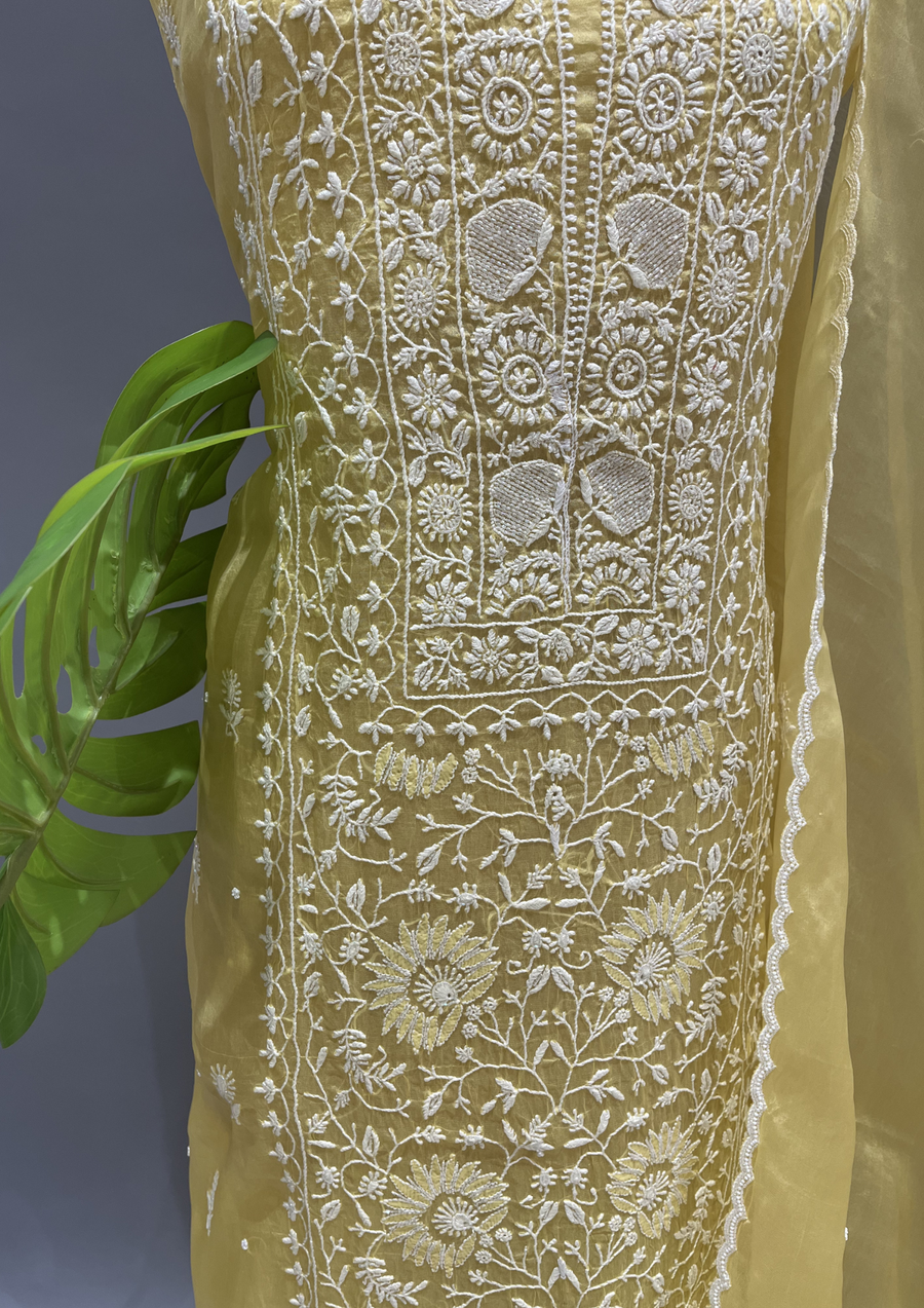 Chikankari Unstitched Organza Suit Set - Sunshine Yellow