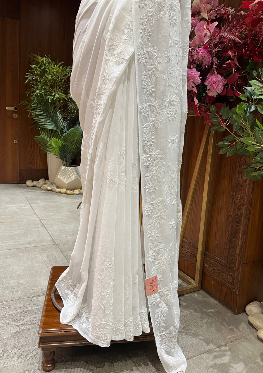 viscose Chikankari Saree - White