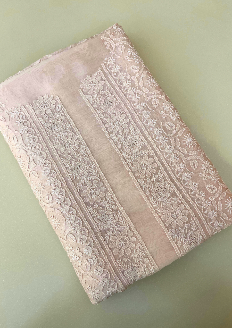 Chanderi Chikankari Unstitch Mens Kurta - Nude Peach