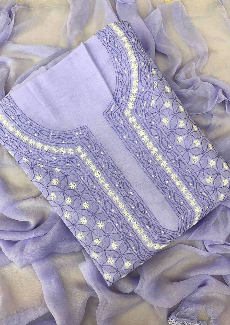 Cotton Chikankari Unstitched Suit - Blue