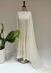 Pure Georgette Semistitched Chikankari Anarkali  - White