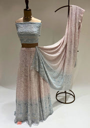 Pure Georgette Chikankari Unstitched Lehenga - Powder blue and Blush Pink