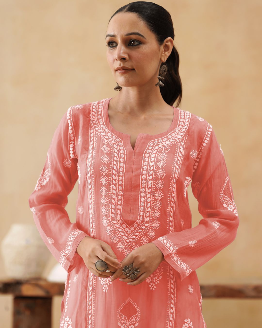 Mul Chikankari Long Kurti - Bubble gum Pink