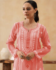 Mul Chikankari Long Kurti - Bubble gum Pink