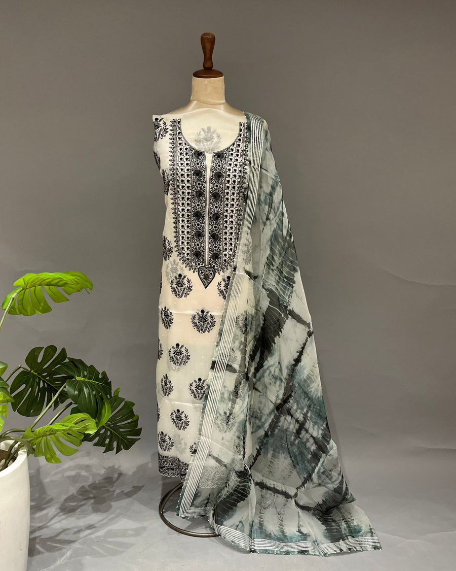 Organza Chikankari Unstitch 2pc Suit - White