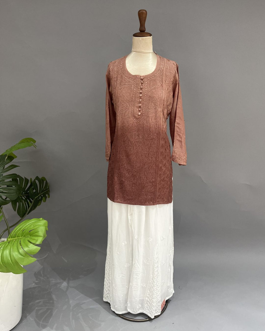 Muslin Chikankari Short Kurti - Brown Ombre