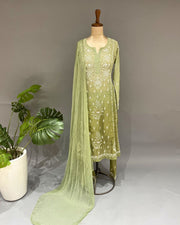 Mul Chanderi Chikankari Stitch 3 pc Suit - ombre Green
