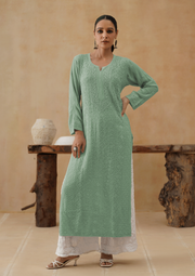 Georgette Chikankari Long Kurti - Teal