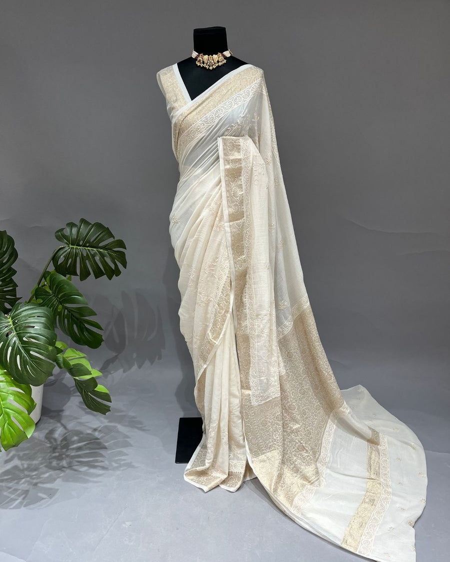 Mul Chikankari Saree - Ivory