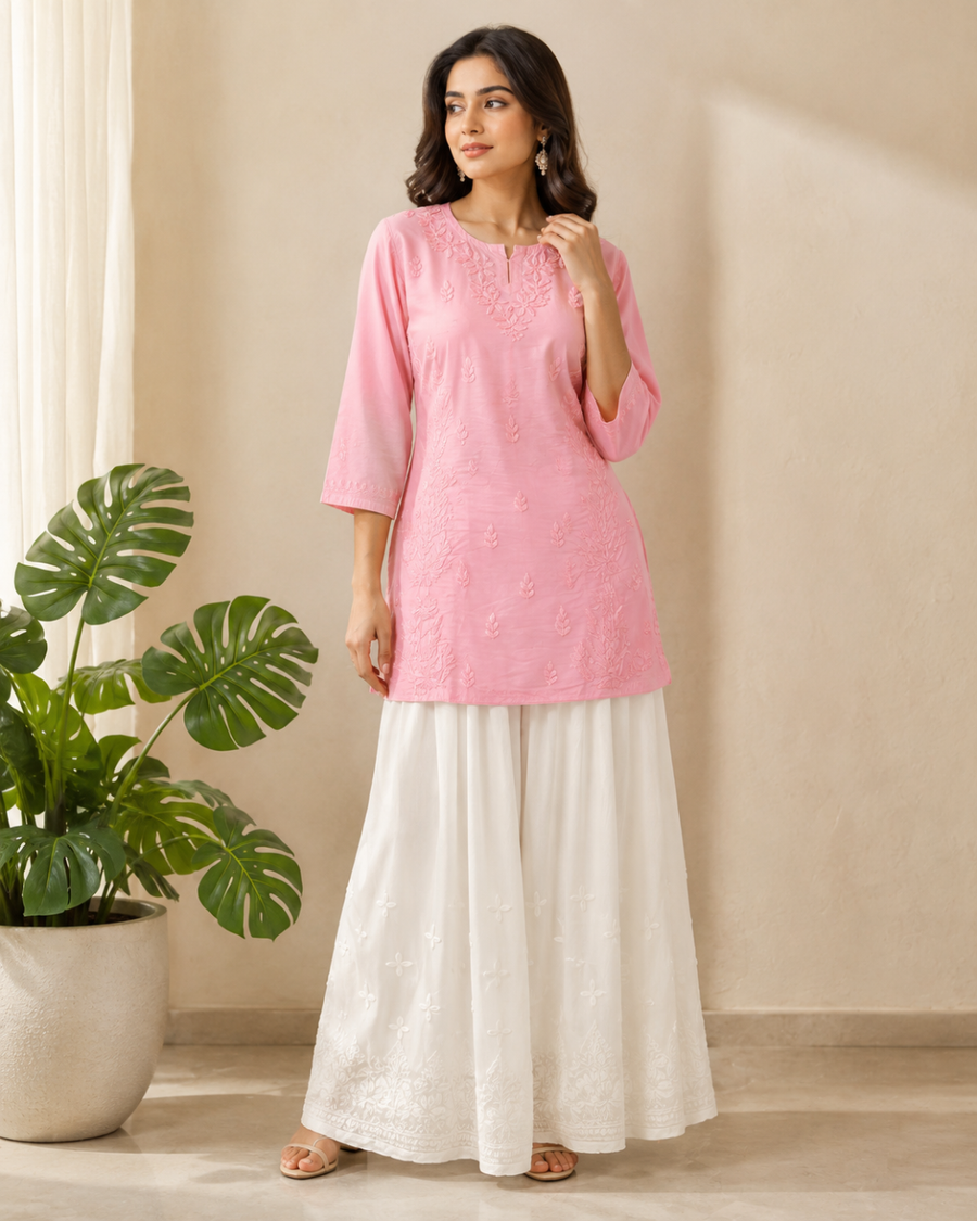Chanderi Chikankari Short Kurti - Carnation Pink