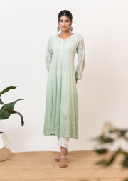 Georgette Chikankari A-line Kurta - Ombre Green