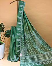 Chikankari Tussar Silk Saree - Moss Green