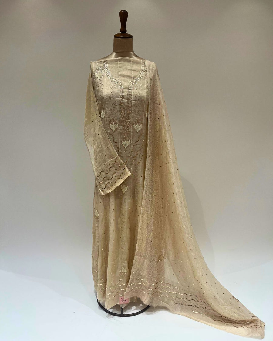 Tissue Chikankari Unstitched Anarkali - Gold